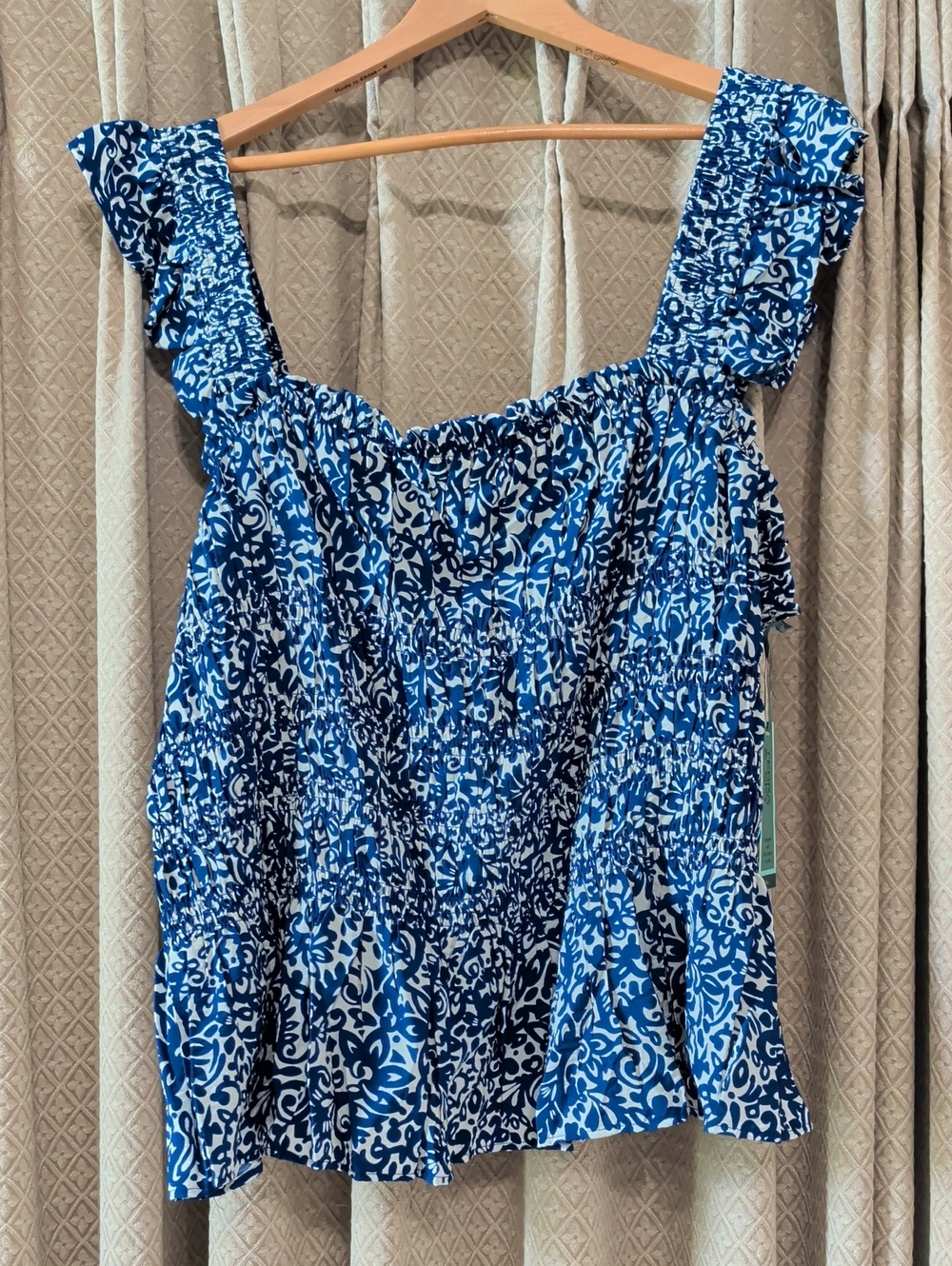 NWT Women's Size 4X Terra & Sky Blue & White Paisley Smocked Tank Top